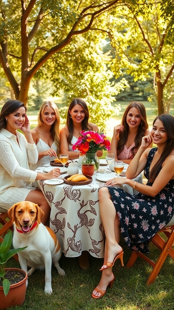 A group of friends in trendy brunch outfits enjoying a meal outdoors.